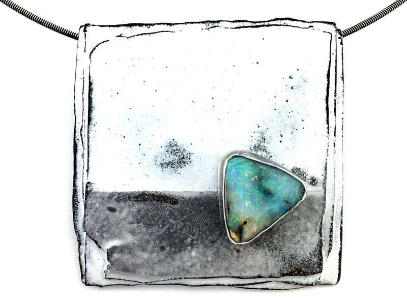 handmade enameled steel pendant with an Australian boulder opal
