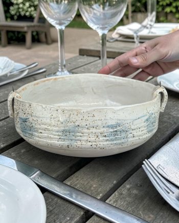 Lake Michigan ceramic bowl with beach sand glaze and soft blue shoreline detail