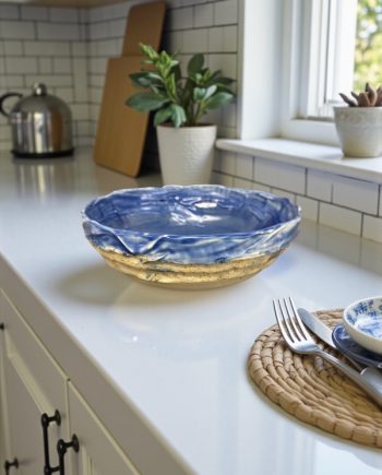 Lake Michigan ceramic bowl with blue glaze interior and textured sand exterior