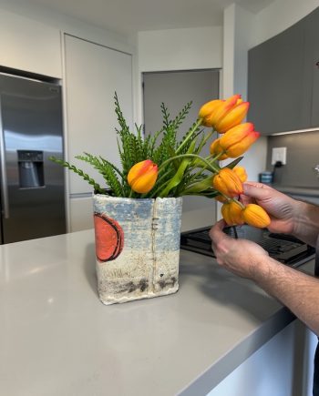 Lake Michigan ceramic vase with sun and shoreline textures