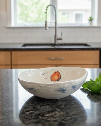 Handmade porcelain bowl with beach sand glaze and shoreline scene