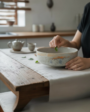 Shoreline Layers Lake Michigan ceramic bowl with layered glaze and speckled porcelain surface