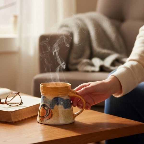 handmade mug being enjoyed with a book