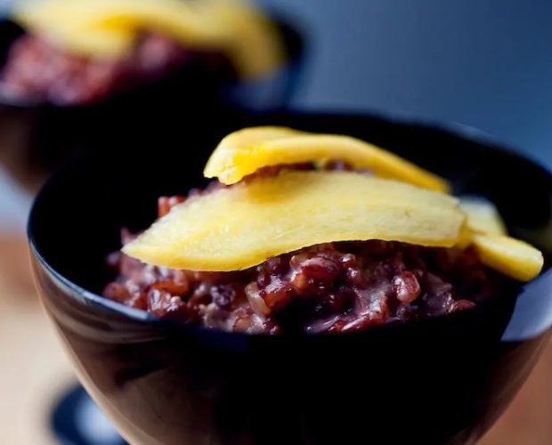 Red Coconut Rice Pudding recipe in a small bowl