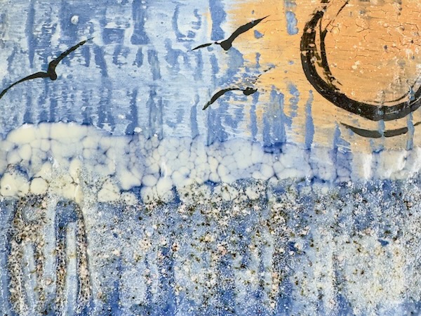 Lake Michigan Nature to Art close up of engobes and reticulation glazes