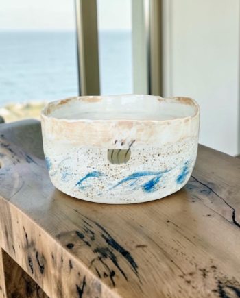 Large sculptural ceramic bowl with beach sand glaze and embedded metal detail