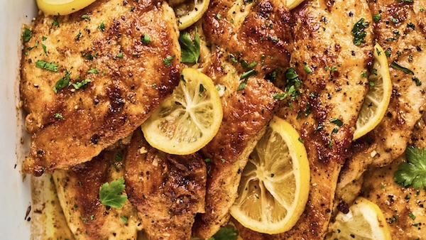 a weeknight recipe of lemon chicken and butter baked