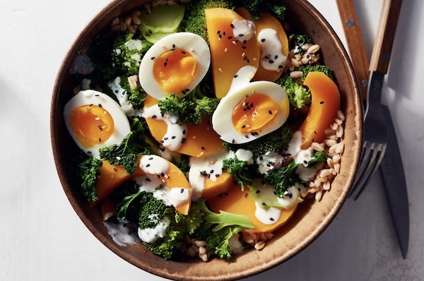 Kale and butternut squash plus eggs make a nice breakfast or dinner. Serve it in a bowl.