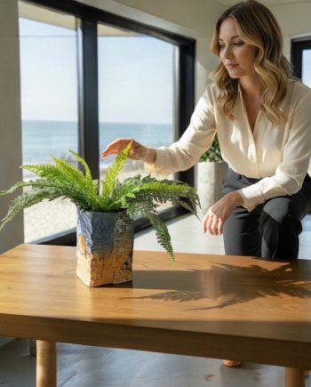 Lake Michigan ceramic vase with sun, birds, and textured sand surface
