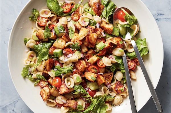 bowl of orecchiette salad with halloumi croutons