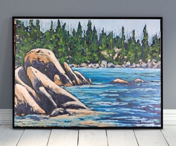 Northern Michigan landscape painting with boulders and lake michigan by christi dreese