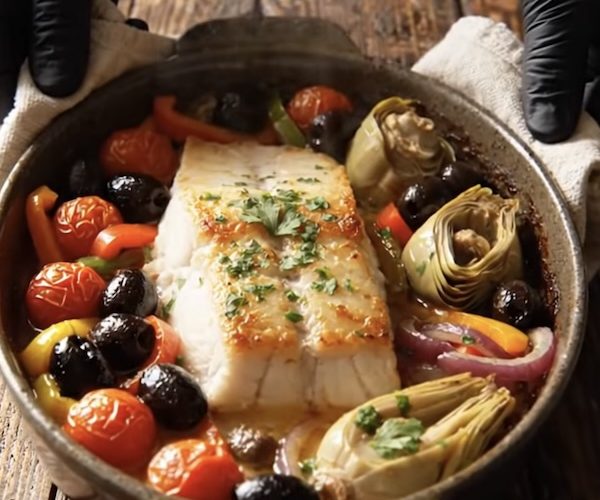 mediterranean baked fish with vegetables in a dish