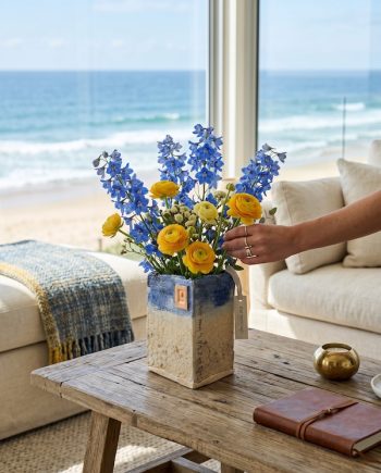 Lake Michigan Ceramic Vase with blue and yellow flowers