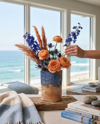 Lake Michigan ceramic vase with dried botanicals overlooking the shoreline