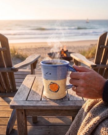 Shoreline Light ceramic mug beside Lake Michigan with blue glaze, sunset and birds