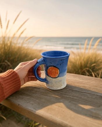 Hand holding a blue and orange ceramic mug near dune grasses with Lake Michigan and a warm evening sky in the background.